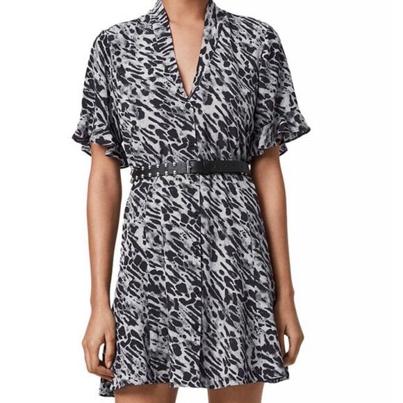 AllSaints Fay Ambient Dress Animal Print Back Tie Mini Gray Black Size Small - Picture 1 of 12